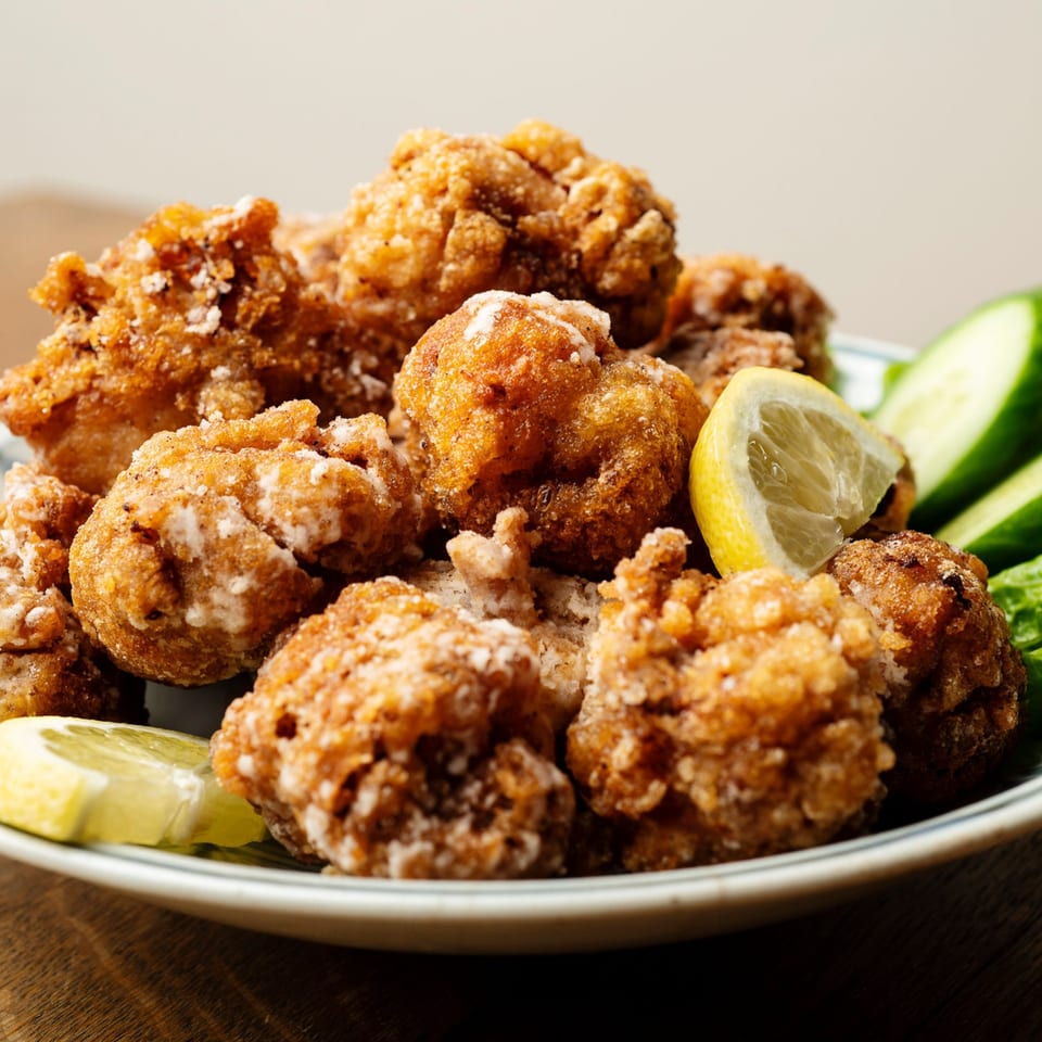 Close-up of golden-brown Japanese fried chicken (karaage) with lemon wedges and cucumber slices.